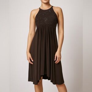 Cachet Brown Beaded Halter Handkerchief Hem Midi Dress Size 8